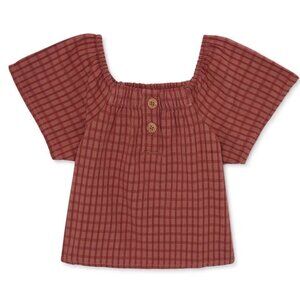 Easy-peasy Short Sleeve Henley Blouse in Terracotta Gingham Pattern 4T